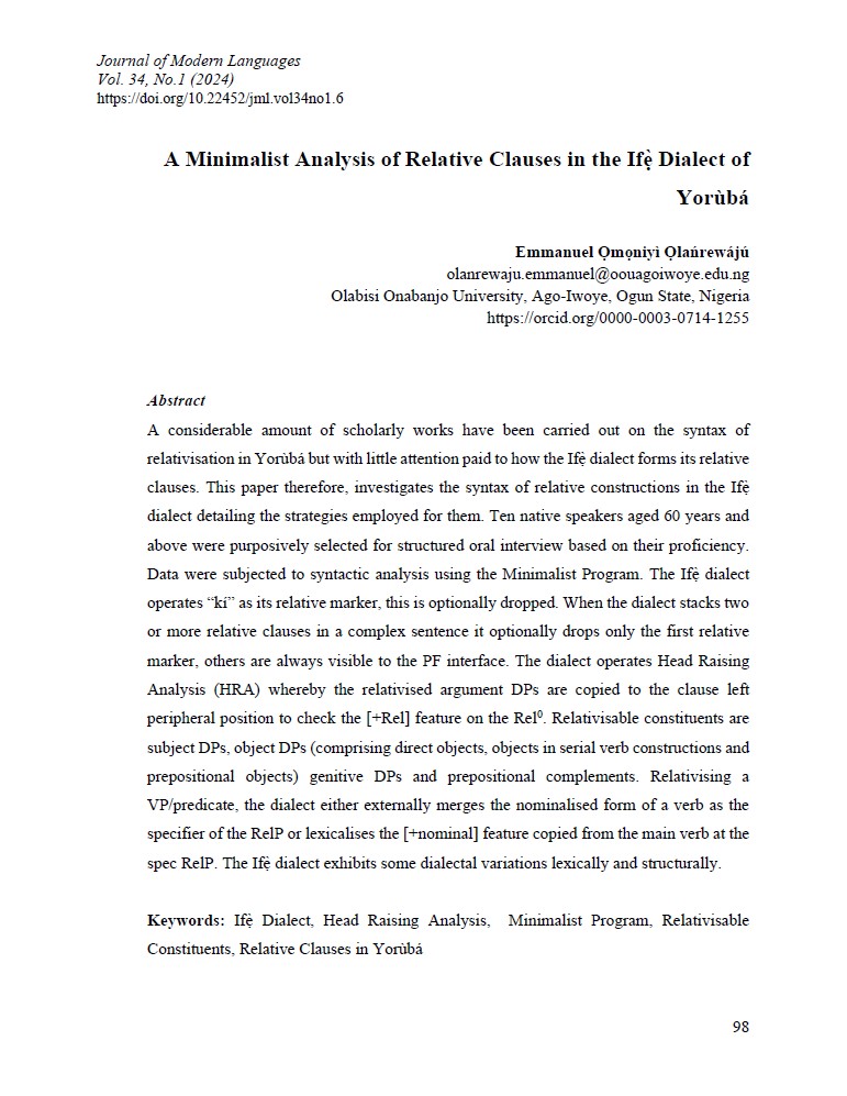 A Minimalist Analysis of Relative Clauses in the Ifẹ̀ Dialect of Yorùbá