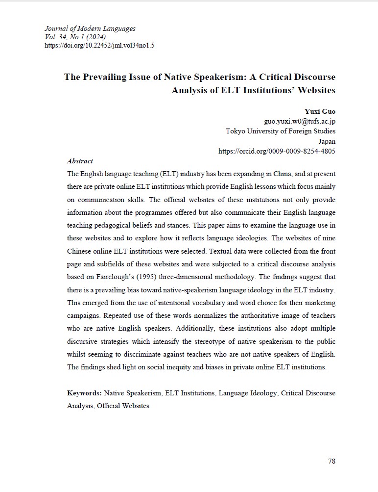 The Prevailing Issue of Native Speakerism: A Critical Discourse Analysis of ELT Institutions’ Websites